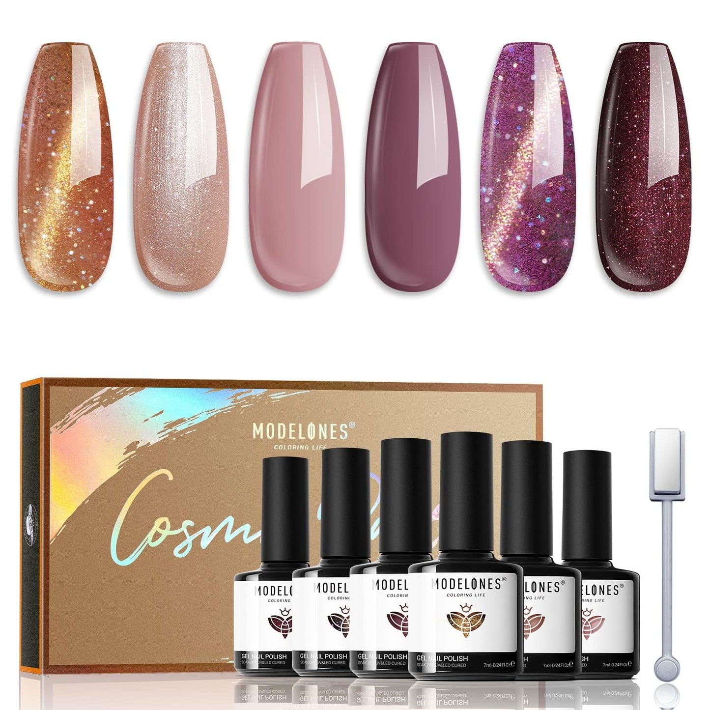 modelones Cat Eye Gel Nail Polish Set 6 Colors, Glitter Nude Shiny Champagne Burgundy Gold Magnetic Effect Sparkle Stunning Home Nail Art Gel Kit Gift