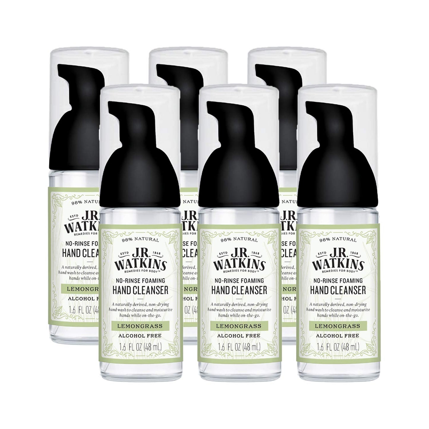 J.R. Watkins No-Rinse Foaming Hand Cleanser – Hand Soap in Pump Dispenser – Bathroom & Kitchen Foam Cleaner – All Natural, Alcohol Free, Lemongrass, 1.6 fl. Oz., 6 Pack