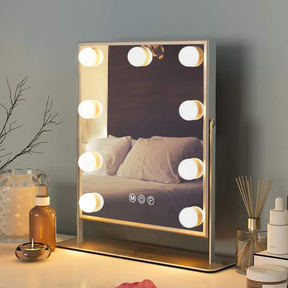 FENCHILIN Hollywood Mirror with Light Lighted Makeup Mirror Vanity Makeup Mirror Smart Touch Control 3Colors Dimable Light Detachable 10X Magnification 360¡Rotation(White)