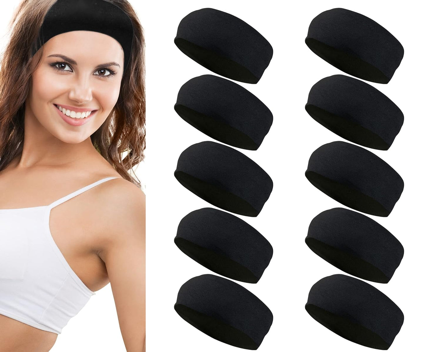 Styla Hair Headbands for Women Stretch Fashion Headbands 10 Pack Non-Slip Head Wraps Great for Spa, Sports, Yoga, Pilates, Running, Gym Headband, Workouts - Black