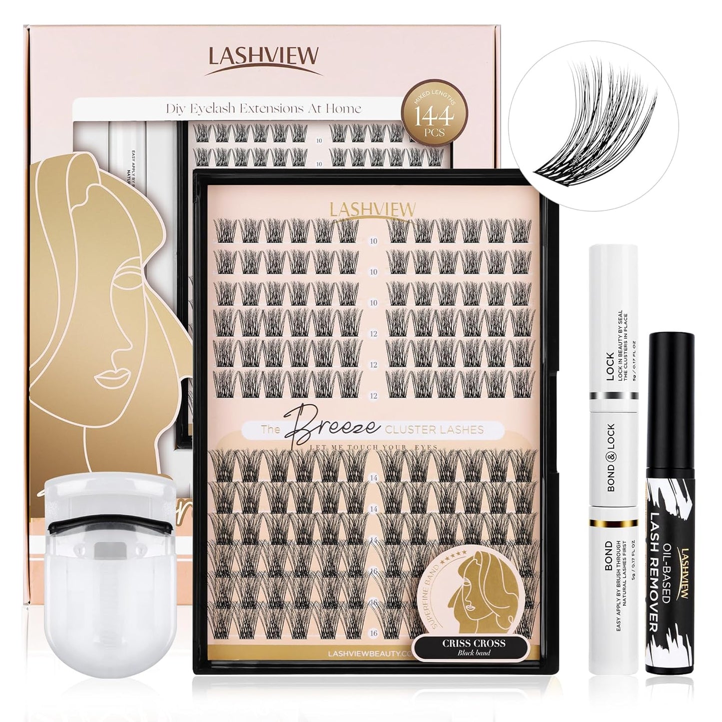 LASHVIEW DIY Lash Extension Kit, 144 Pcs Lash Clusters with Bond and Seal, Mascara Brush Remover, Applicator and Curler (Style-Volume-D)