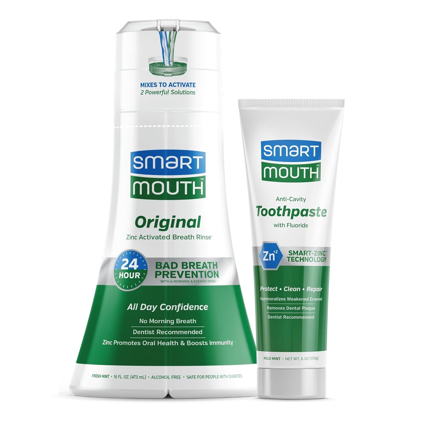 SmartMouth Original Activated Oral Rinse and Premium Toothpaste for 24 Hour Bad Breath Prevention