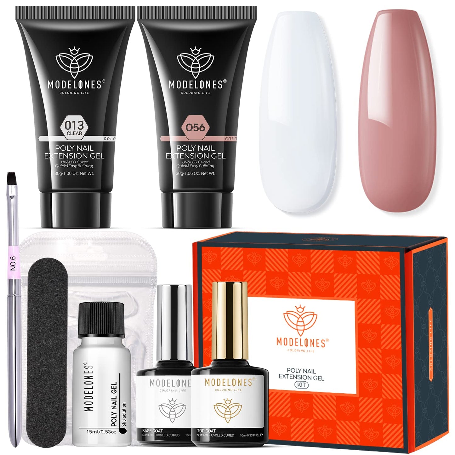 Modelones Poly Nail Gel Kit 30ml 2PCS Clear Brown Colors with Slip Solution Extension Builder Enhancement Professional Starter Kit All-in-One Nail Technician French Kit