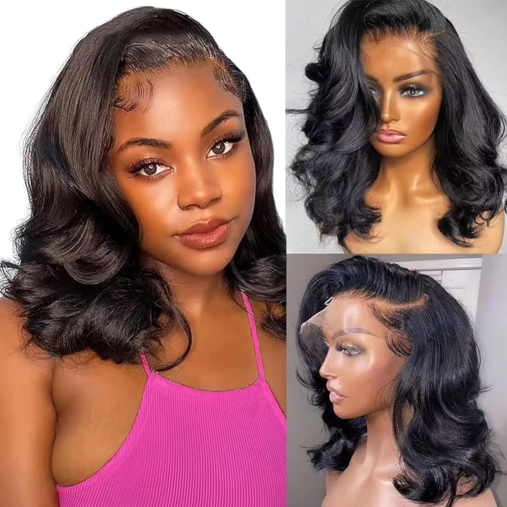 Bob Wig Human Hair 13x4 Body Wave HD Lace Front Wigs Human Hair 180% Density Glueless Wigs Human Hair Pre Plucked Short Bob Wigs for Black Women Human Hair Natural Black Color (12 inch, Bob Wig)
