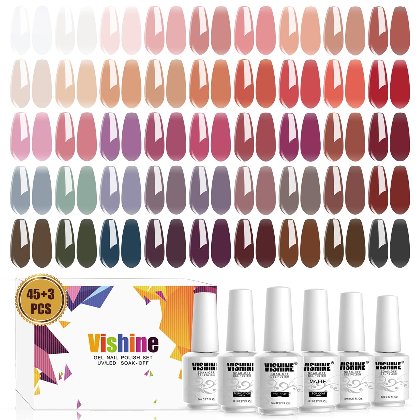 Vishine 48 PCS Gel Polish Set, 45 Colors Jelly Gel Nail Polish Set, Brown Jelly Gel Polish Set, Translucent Gel Nail Polish,Sheer Crystal Jelly Clear Gel Nail Polish Manicure Gift