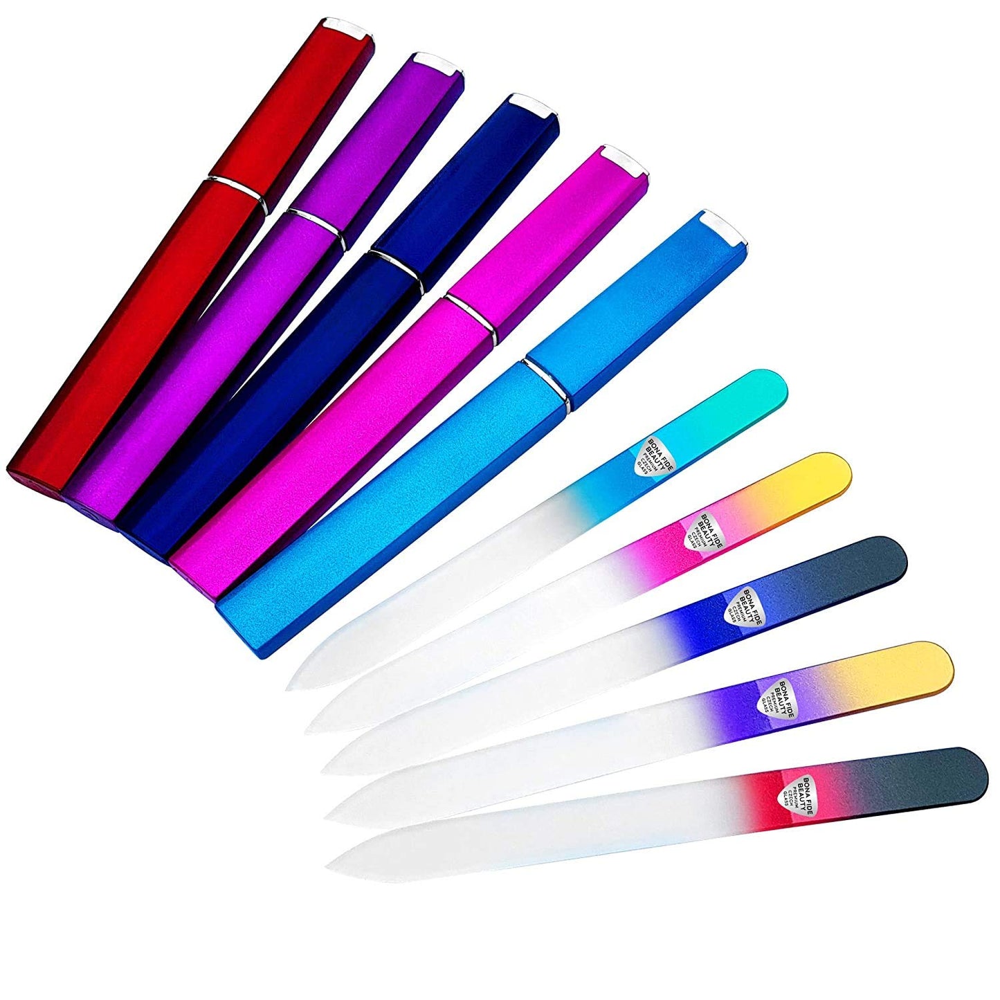 Czech Glass Files for Nails, 5PC Crystal Nail Filer Set. Trim, Shape and Smooth Nails with Bona Fide Beauty Czech Glass