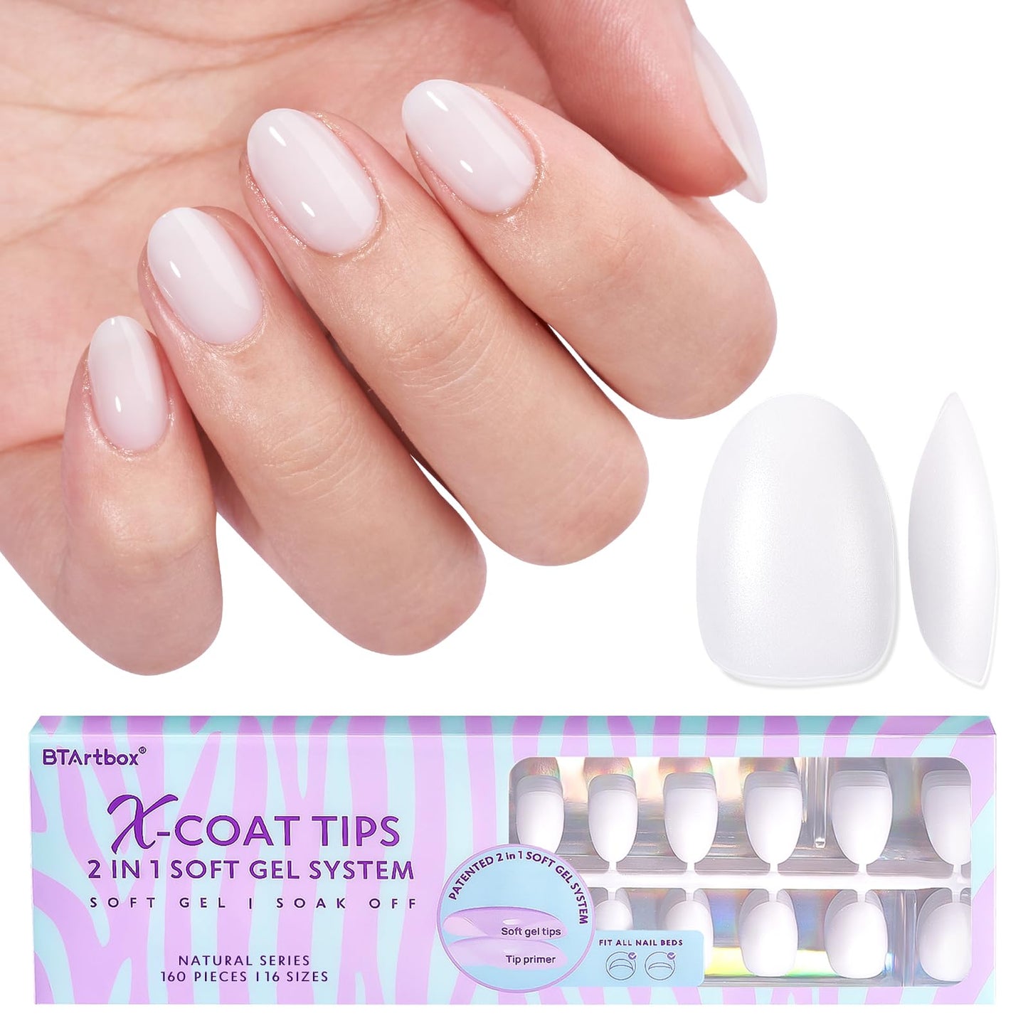 btartboxnails XS Short Almond Gel Nail Tips - Pre Colored Milky White Soft Gel Nail Tips, Milky White Press on Nails, Natural XCOATTIPS Pre Applied Tip Primer