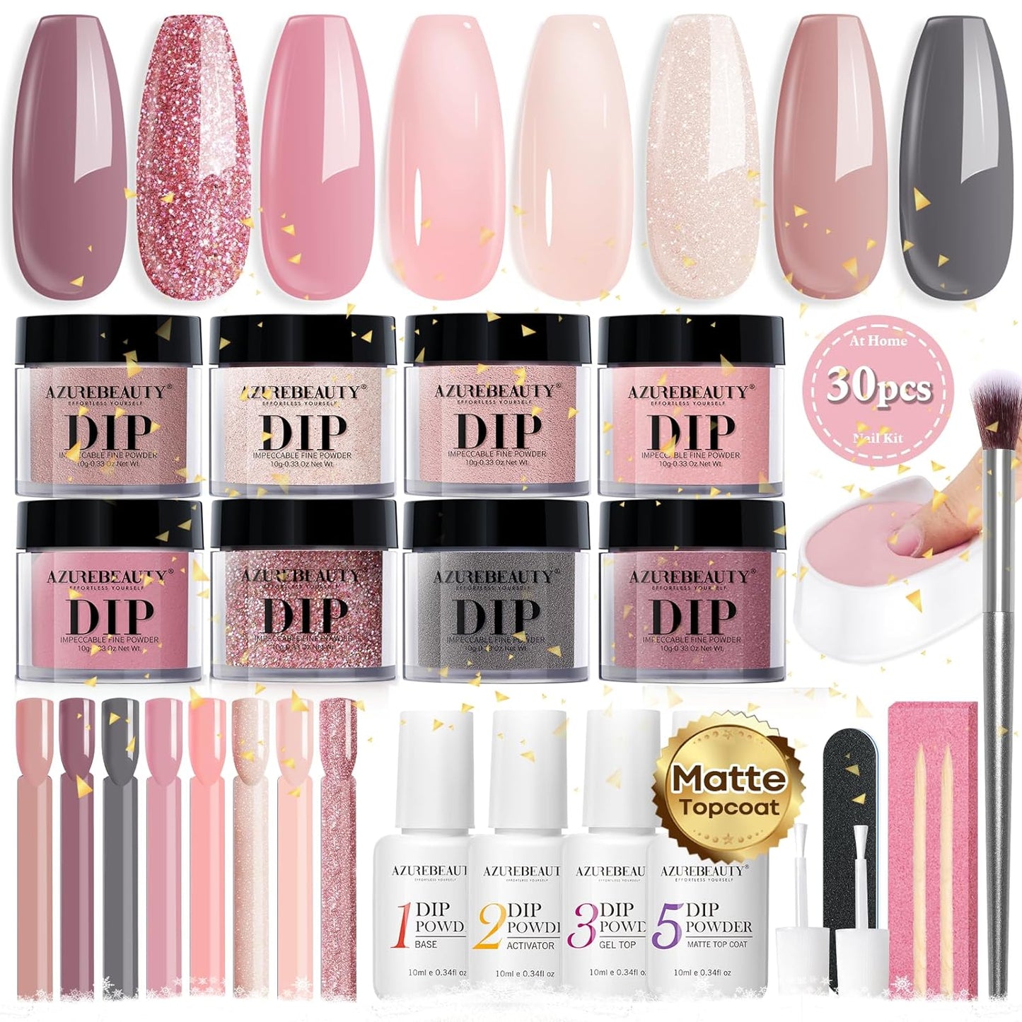 AZUREBEAUTY 30Pcs Dip Powder Nail Kit Starter with Nail Swatch Sticks, Translucent Nude Pink 8 Colors Dipping Liquid Set Added Matte Top Coat Recycling Tray for Velvet Nail Art Manicure Salon DIY Home