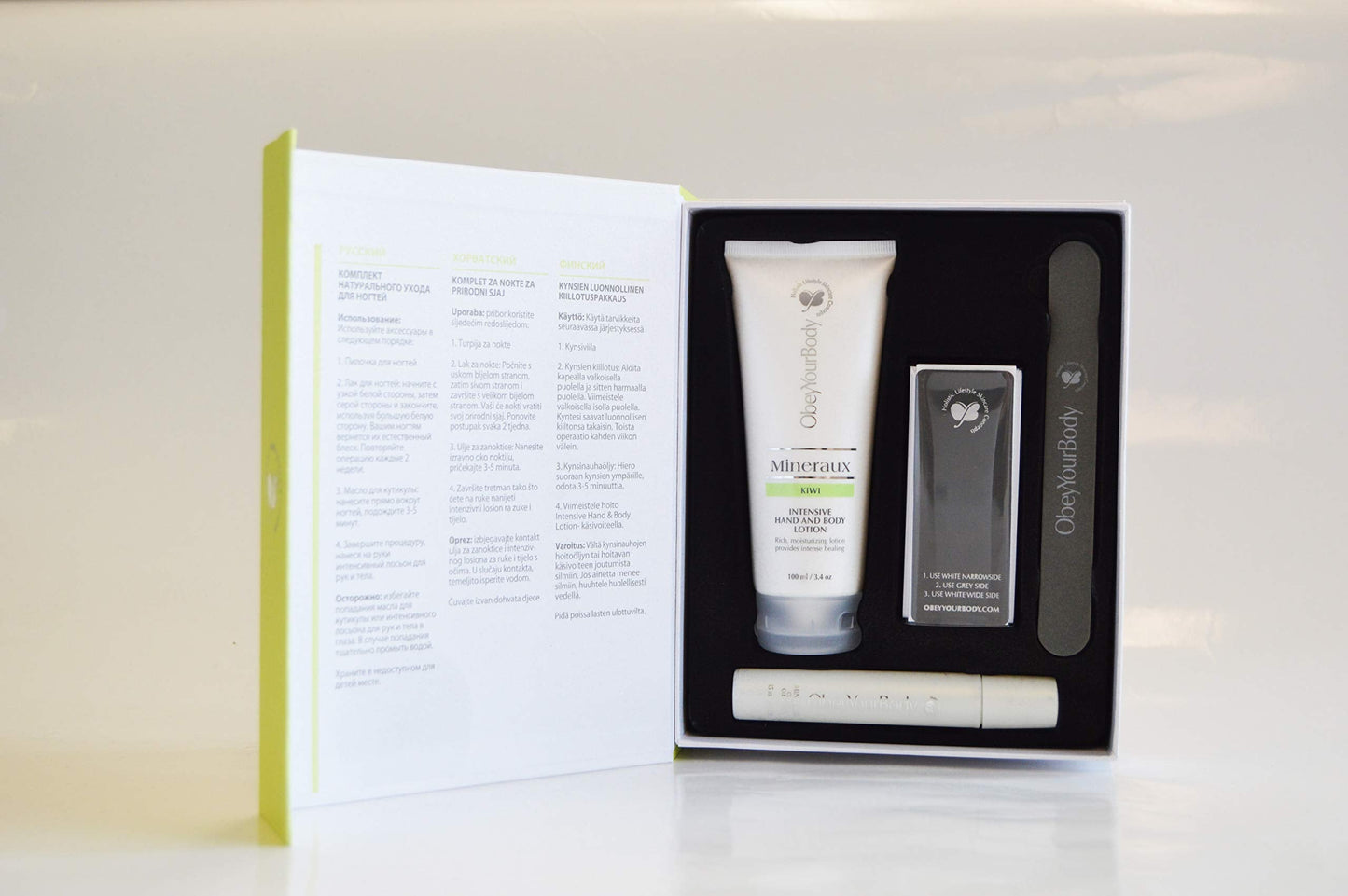 Obey Your Body Manicure Nail Care Kit Paris Nail Shaper, Nail Buffer, Cuticle Oil, and Intensive Hand and Body Lotion