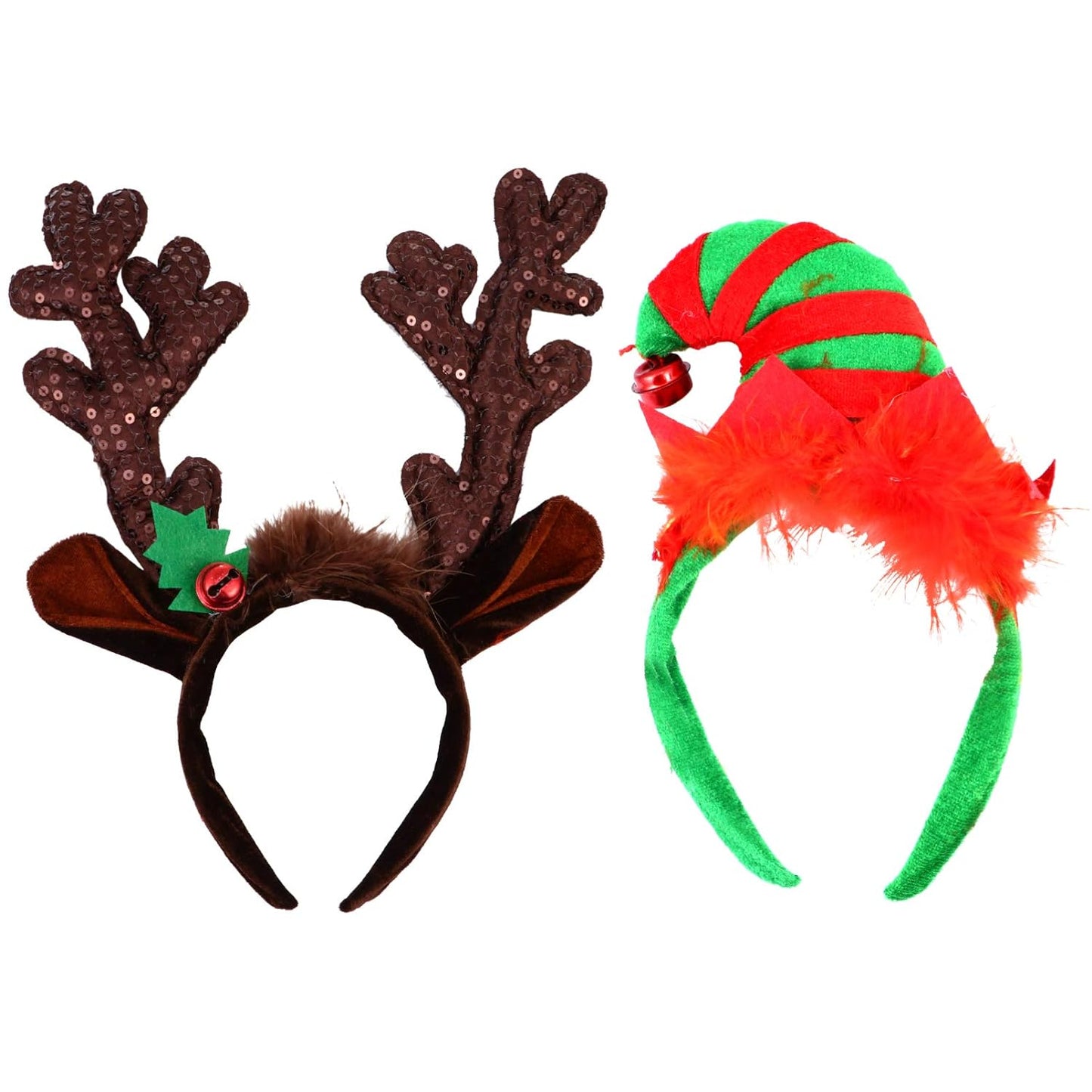 Lurrose 2pcs Christmas Reindeer Antlers Headband Elf Hat Headband Set Deer Horns Headbands Santa Hat Hair Hoops with Jingle Bells for Xmas Holiday Party