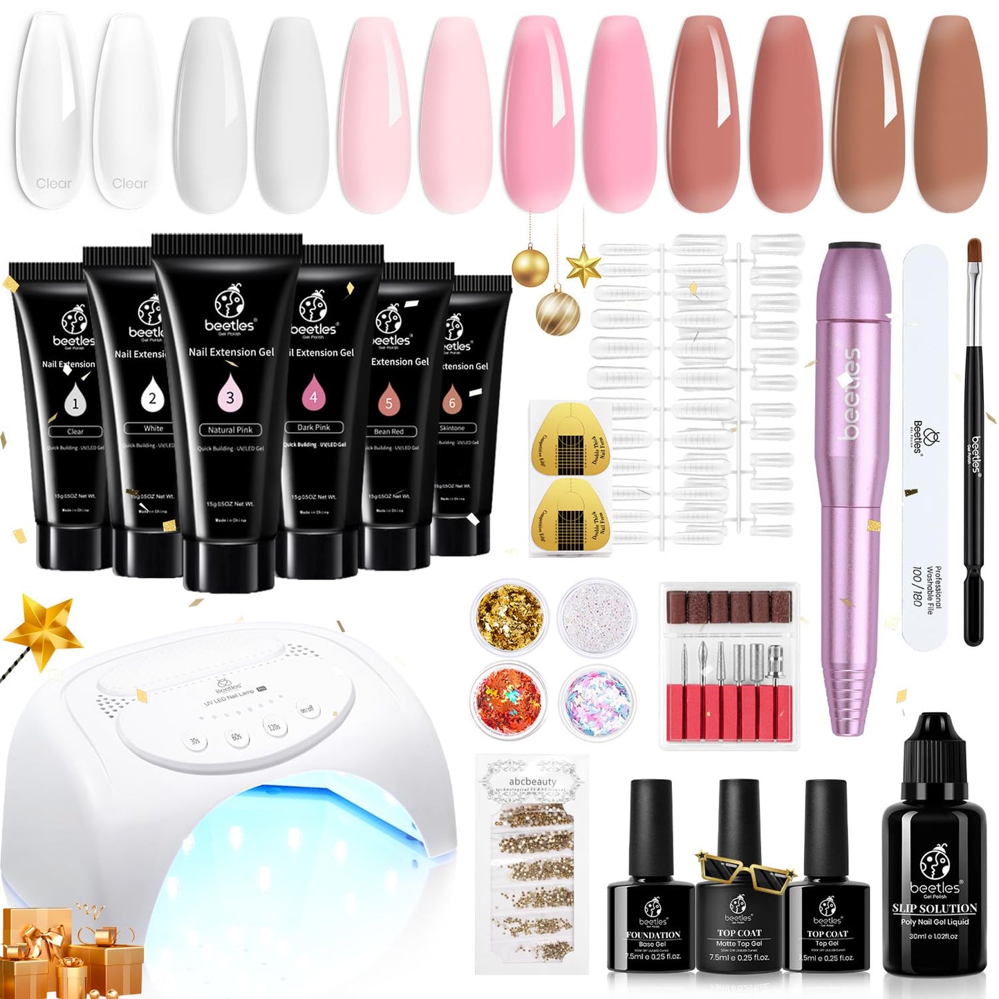 Beetles Poly Nail Extension Gel Kit with Electric Nail Drill, 6PCS Builder Nail Gel Enhancement Trial Professional Nail Technician All-in-One French Kit Clear White Nutural Pink Color Poly Nail Gel