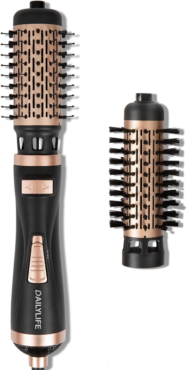 DAILYLIFE Hot Air Brush, Rotating Hair Dryer Brush with 2 Brushes (1.5" & 2"), Styler Volumizer - Perfect for Drying, Curling, Straightening, and Detangling, Black and Gold