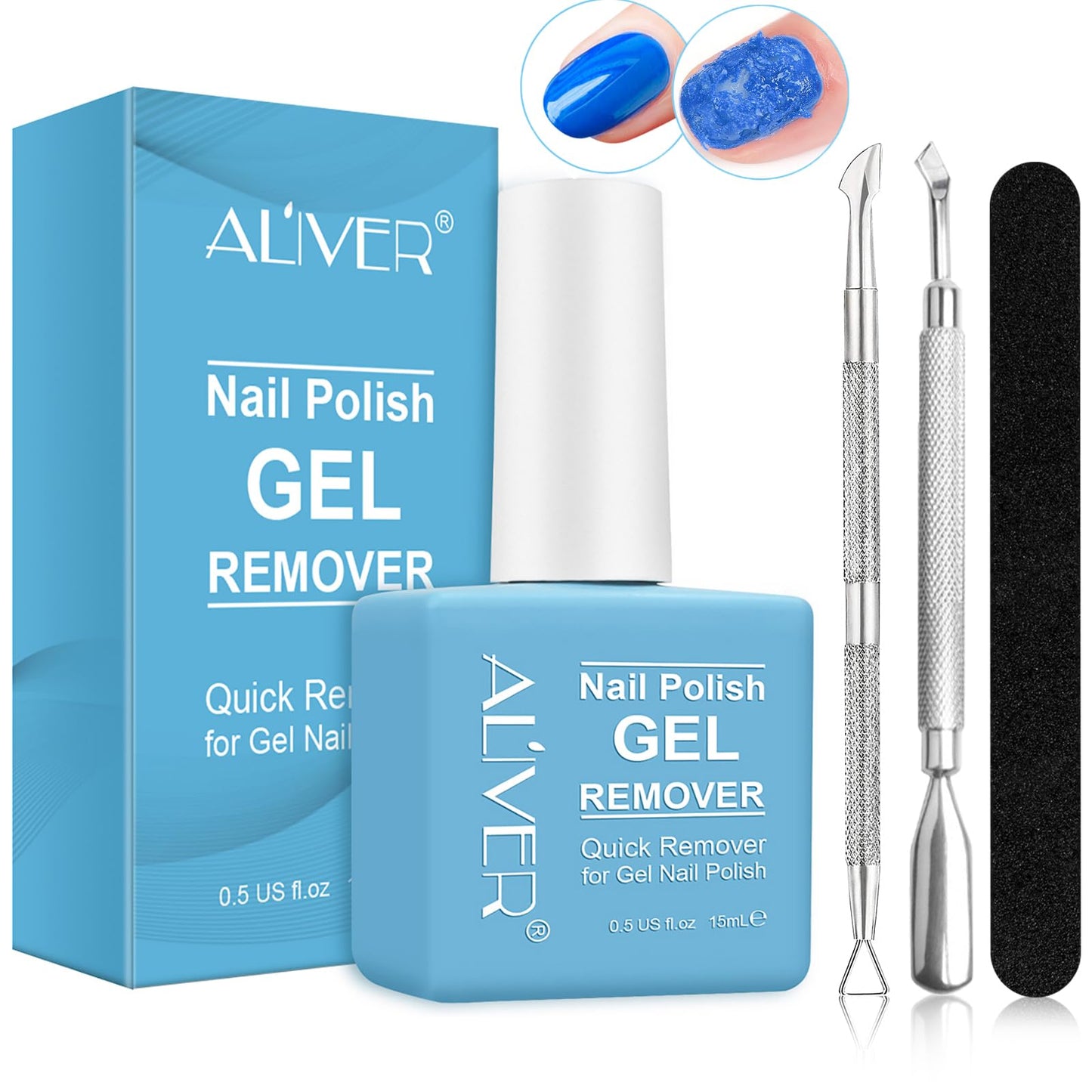 Gel Nail Polish Remover, Nail Polish Remover for Gel Nails with 1Pcs Cuticle Pusher, Nail Scraper & Scrub Stick, Ultra-Powerful Professional Nail Polish Remover, Soak-Off Gel Polish in 2-5 Minutes