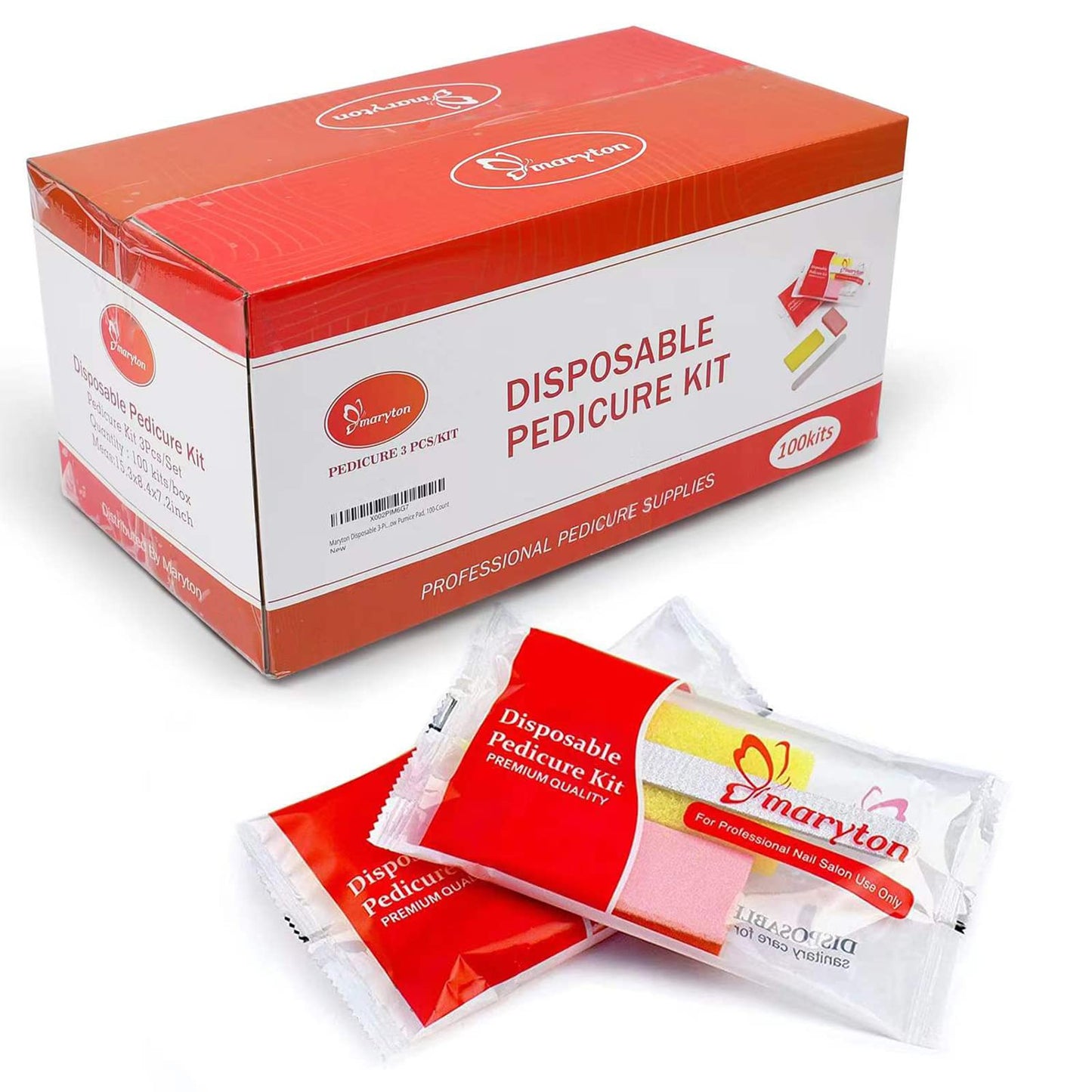 Maryton Disposable 3-Piece Pedicure Kit, Wood Nail File 100/180 Grit, Orange Buffer 80/100 Grit, Yellow Pumice Pad, 100-Count