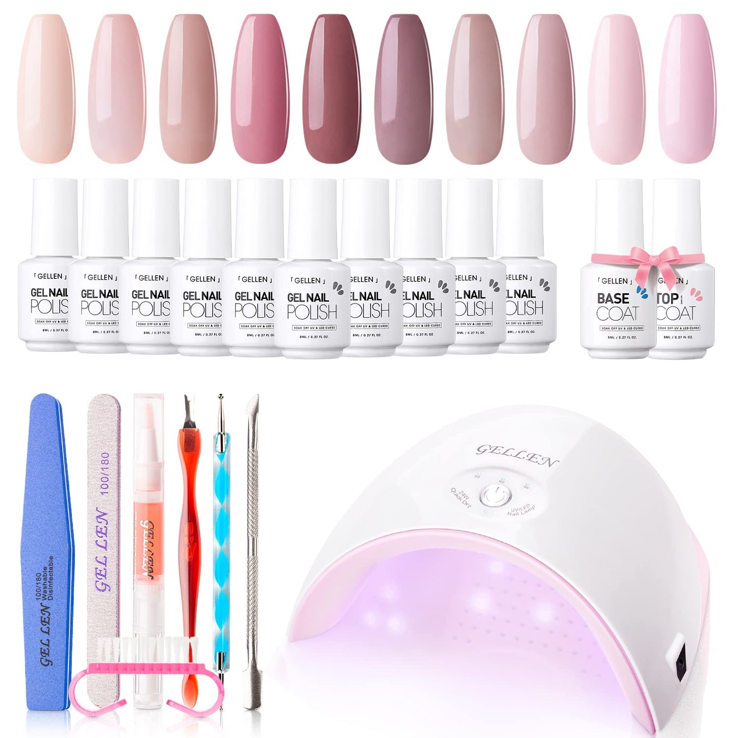 Gellen Gel Nail Polish Starter Kit With UV/LED Light Kit, 10 Colors 24W Nail Dryer, Gel Base Top Coat Nail Art Tools, All-In-One Gift Kit, DIY Home/Salon Manicure Set, Classic Nudes