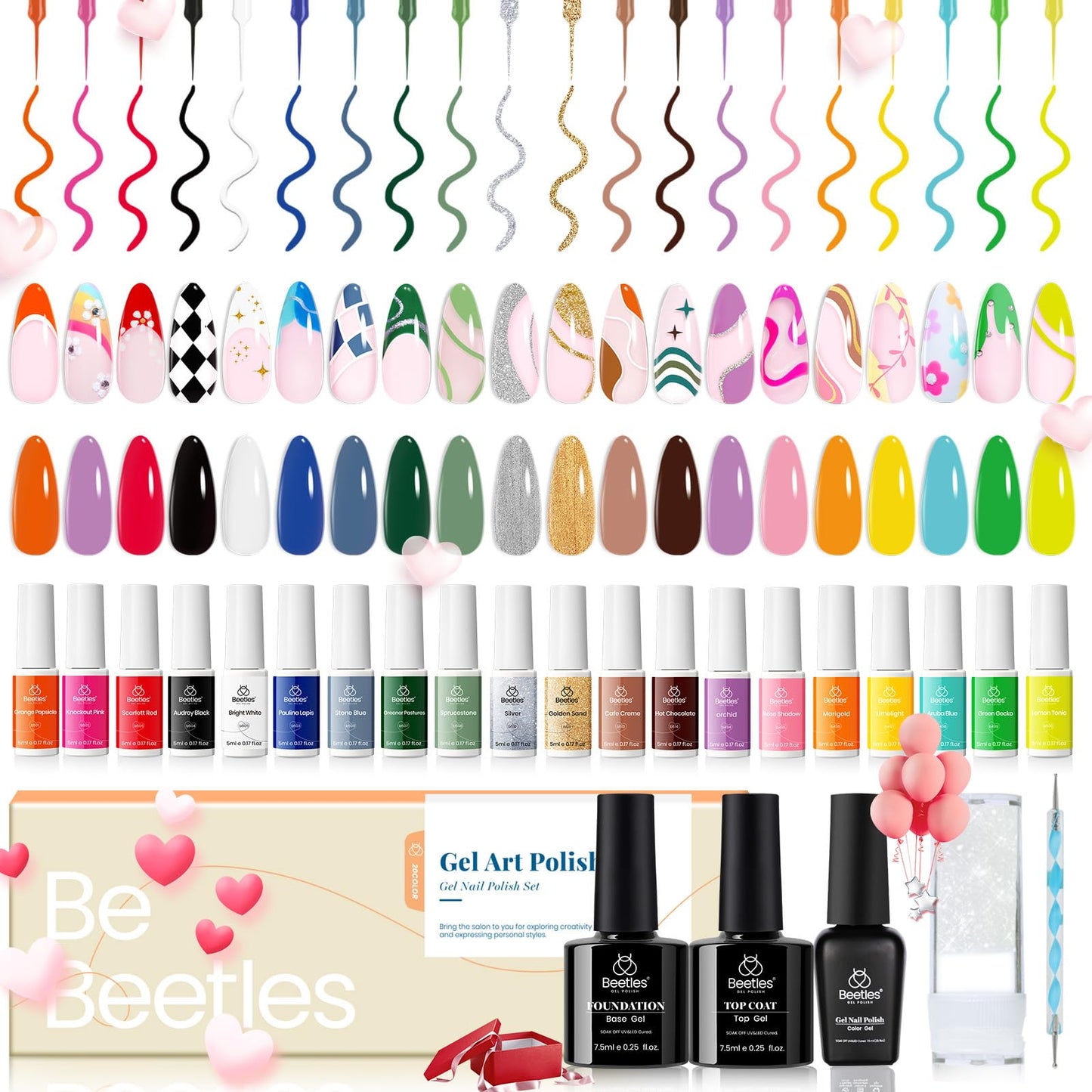 beetles Gel Polish Nail Art Polish Set Gel Liner Nail Polish White Black Red Silver Nude Glitter Gel Polish Paint Swirl Built Thin Brush in Bottle Soak off Uv Gold Gel Nail Women Gift