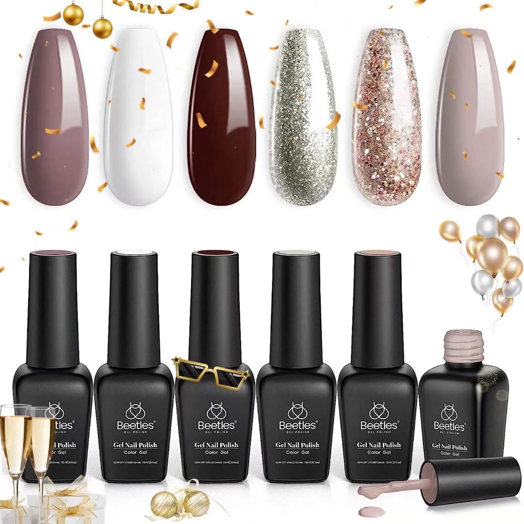 Beetles Holiday Gel Nail Polish Set - 6 Colors Burgundy Red Brown Champagne Gold Brown Gel Polish Kit Snow White Nude Grey Soak off Nail Uv Lamp Gel Polish Gel Nail Manicure Kit DIY Gifts for Women