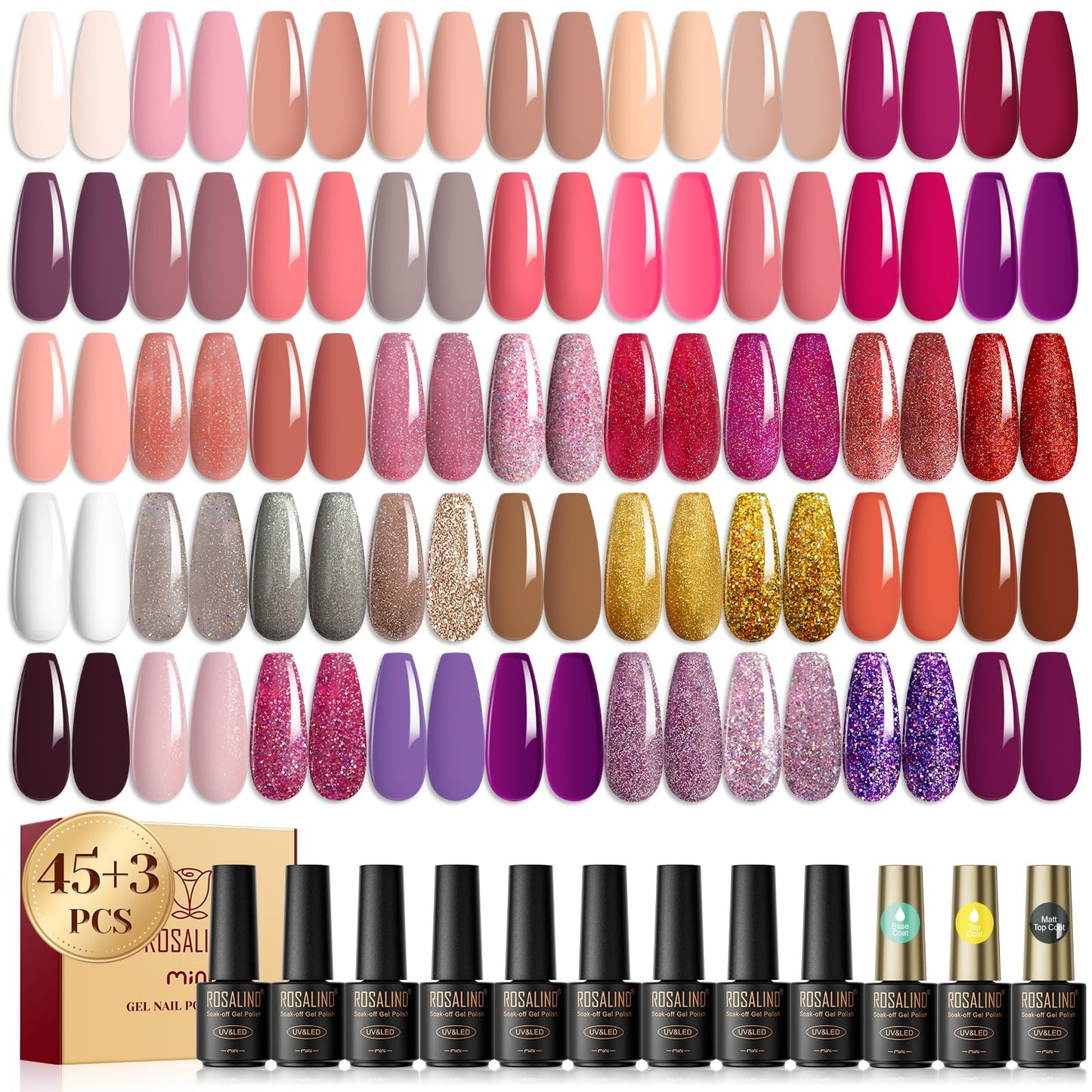 ROSALIND 45+3 Pcs Gel Nail Polish Set,Pink Colors gel polish Set with Base Coat and Glossy & Matte Gel Top Coat Gold Glitter Gel Nail Set Nail Art Salon DIY at Home Manicure Set