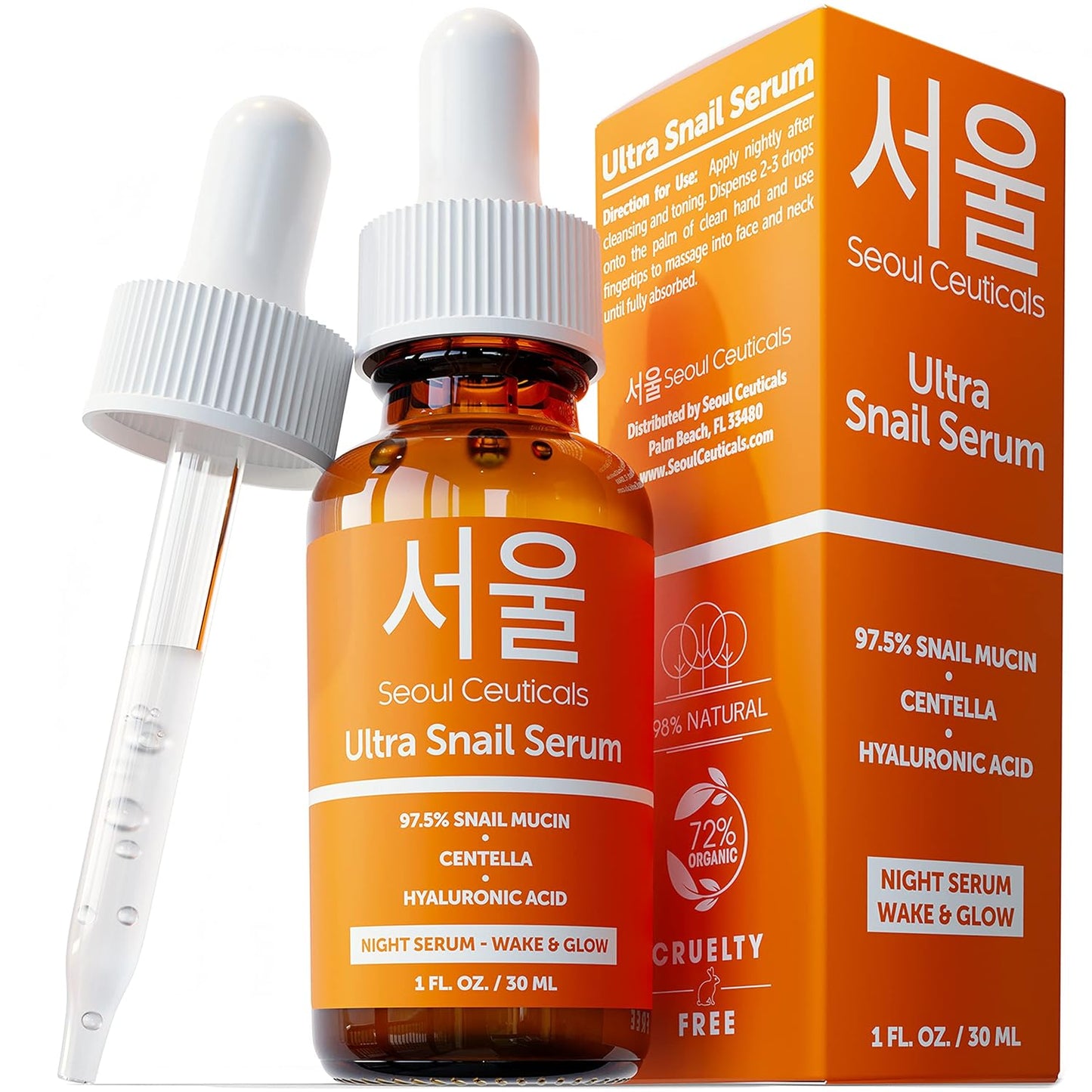 SeoulCeuticals Korean Skin Care 97.5% Snail Mucin Serum Ð K Beauty Skincare Night Serum Hyaluronic Acid for Face - Centella Anti Wrinkle Serum. 1 FL OZ