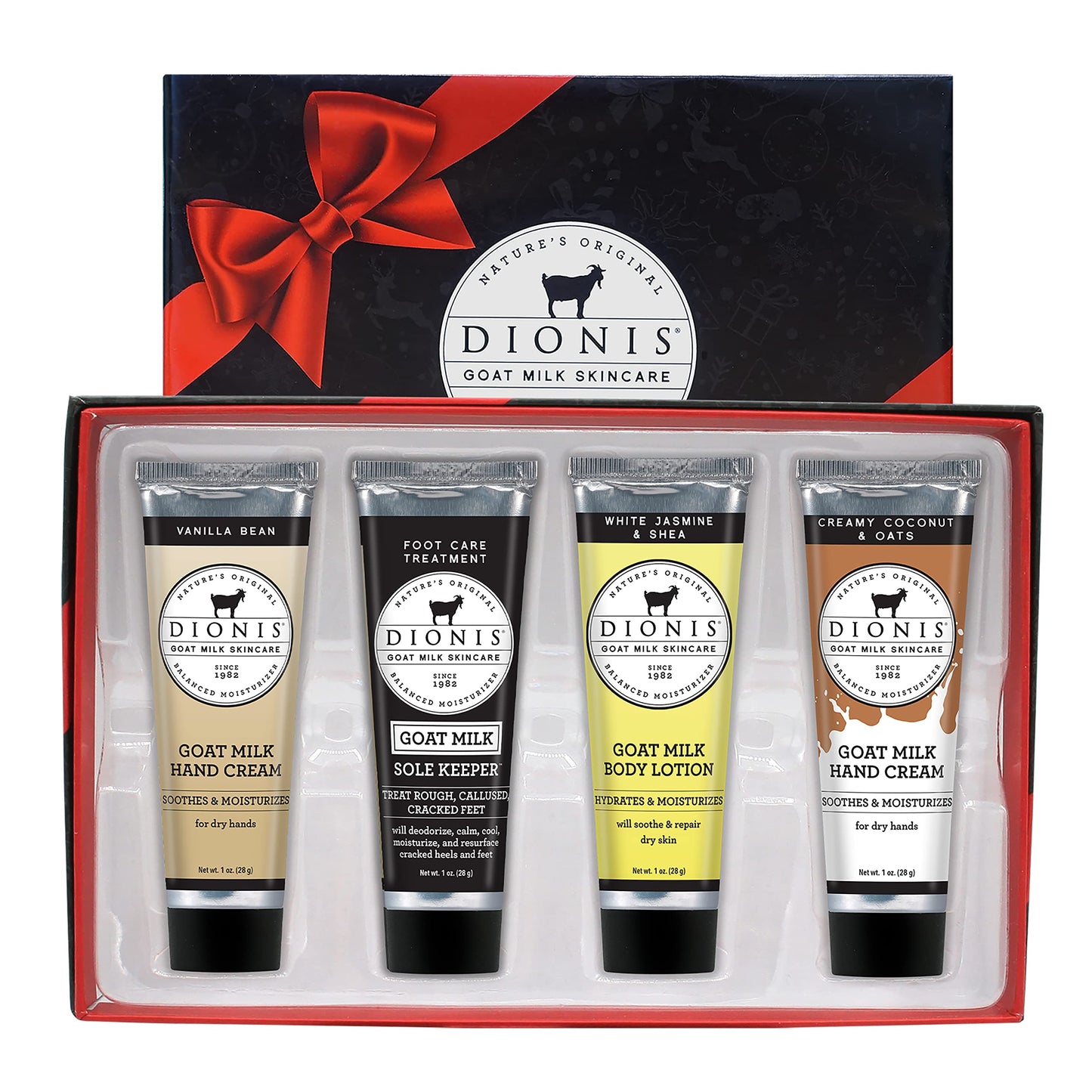 Dionis Goat Milk Skincare Holiday Gift Set - Scented Hand Cream, Foot Cream & Body Lotion Set for Dry Skin, Goat Milk Lotion in a Gift Box - Travel Size Self Care Gifts for Women & Men, 1oz, 4 Pack