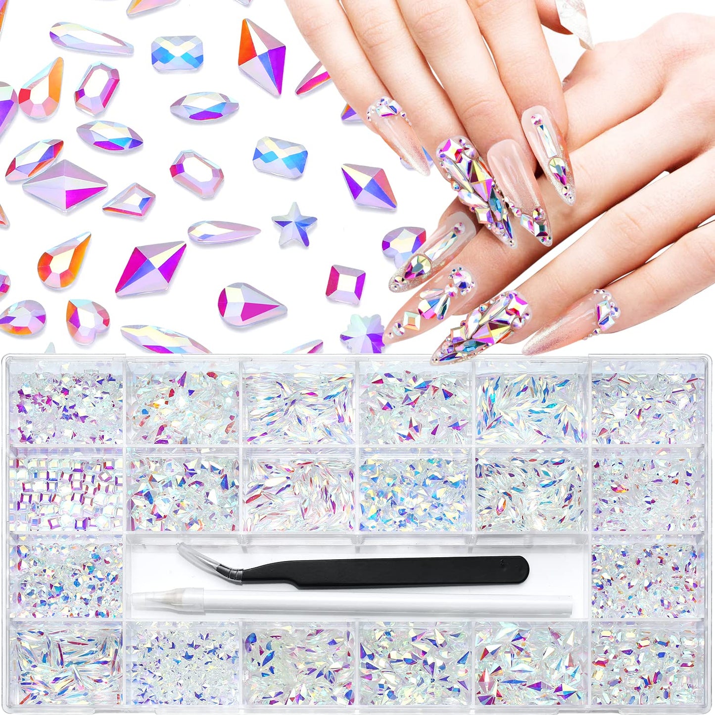 Nibiru 2000Pcs AB Multi Shapes Rhinestones Glass Gems Kit for Nail Art Jewels Decoration,Shiny Flatback Mix Size with Wax Pen