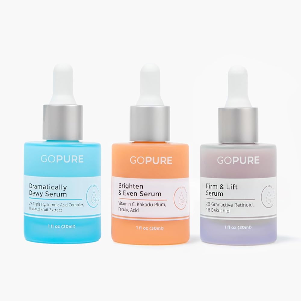 goPure Power Serum Trio Set - Radiant Vitamin C Serum, Hydrating Hyaluronic Acid Serum, Bakuchiol and Retinol Serum for Visibly Brighter, Moisturized, and Firmer-Looking Skin - Set of 3, 1.0 fl oz