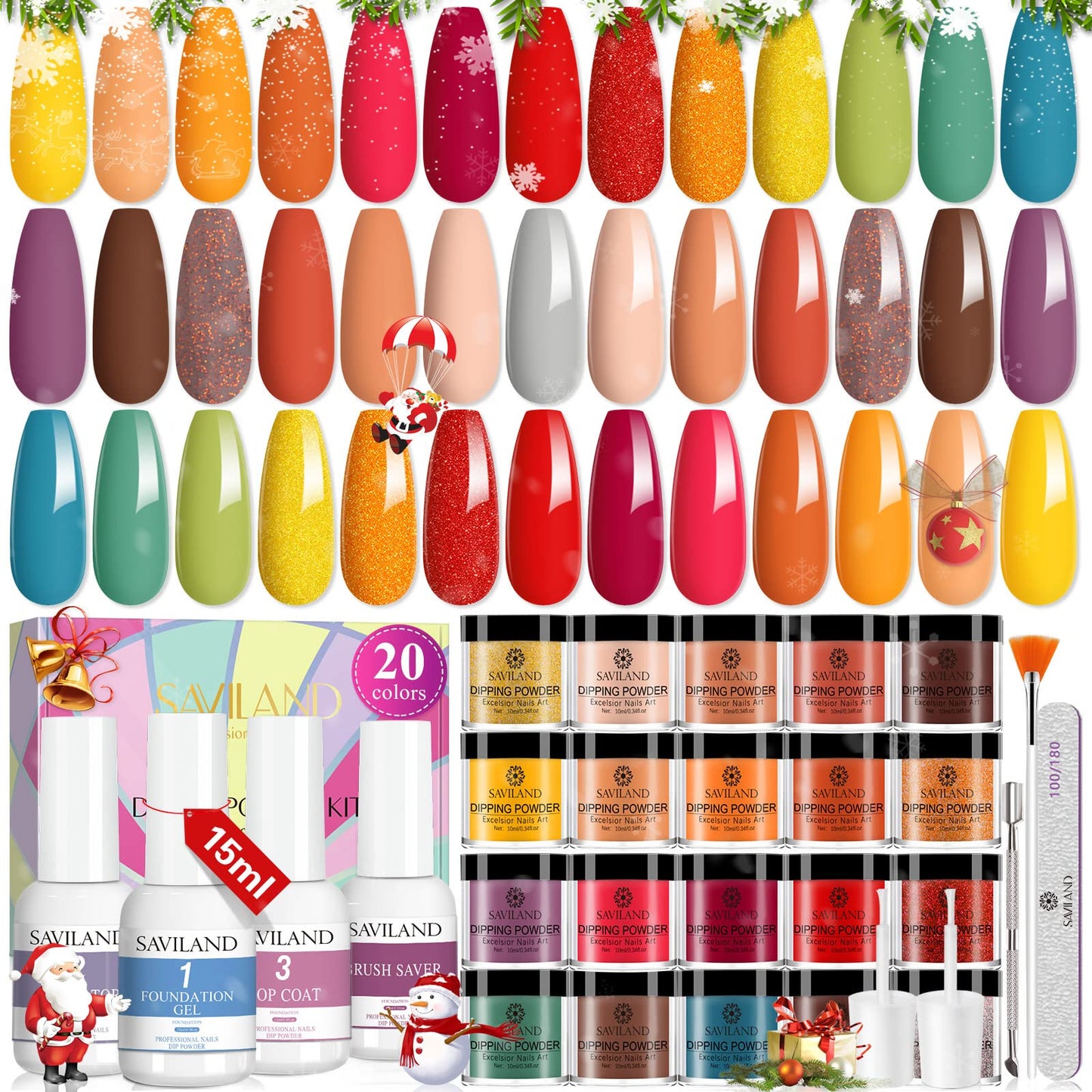 SAVILAND Dip Powder Nail Kit 2023: 20 Color Dip Nails Powder Starter Kit with 4*15ml Dip Liquid Set Base&Top Coat Activator Brush Saver Manicure Tool for French Nail Art DIY Christmas Gifts for Women