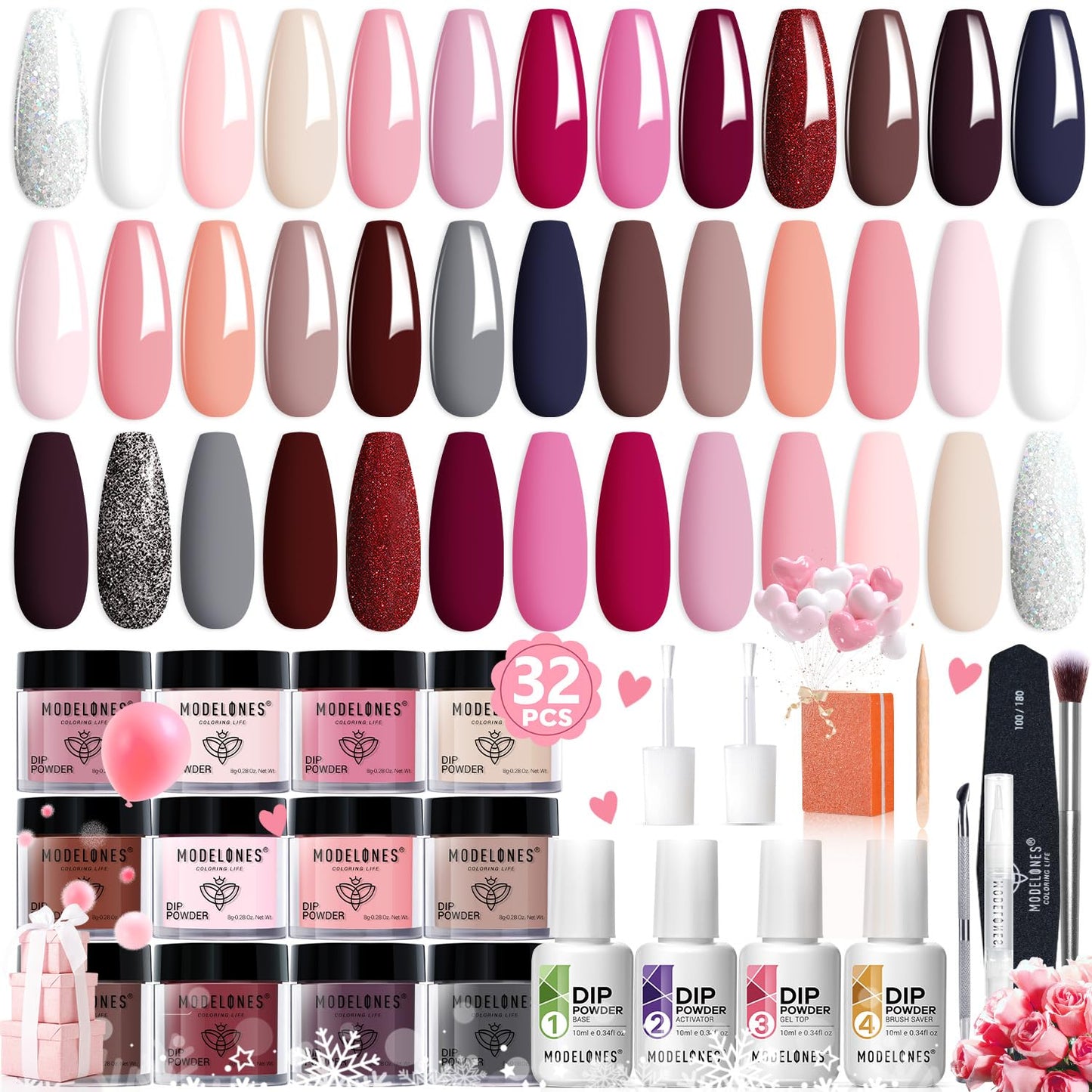 Modelones 32 Pcs Dip Powder Nail Kit Starter, 20 Colors Nude Pink Skin Tone Neutral Acrylic Dipping Powder System Essential Liquid Set with Top/Base Coat Activator Brush Saver for French Nail Art Gift