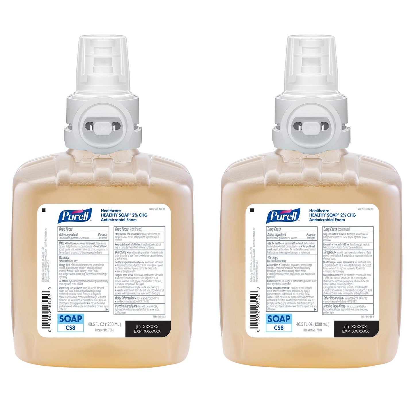 PURELL Foam Handwash 2% CHG Antimicrobial Foam, Fragrance Free, 1200 mL Foam Hand Soap Refill for PURELL CS8 Automatic Soap Dispenser (Pack of 2) – 7881-02 - Manufactured by GOJO, Inc.