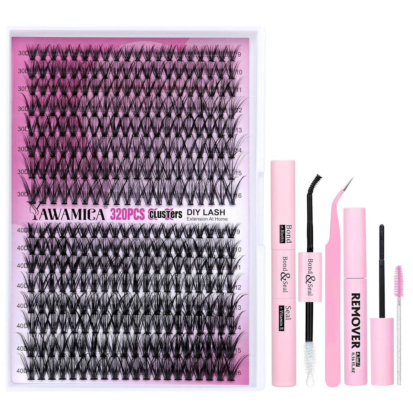 DIY Eyelash Extension Kit 320pcs Individual Lashes Cluster, 9-16mm Mix 30D 40D with Lash Bond and Seal and Remover Lash Applicator for Beginners
