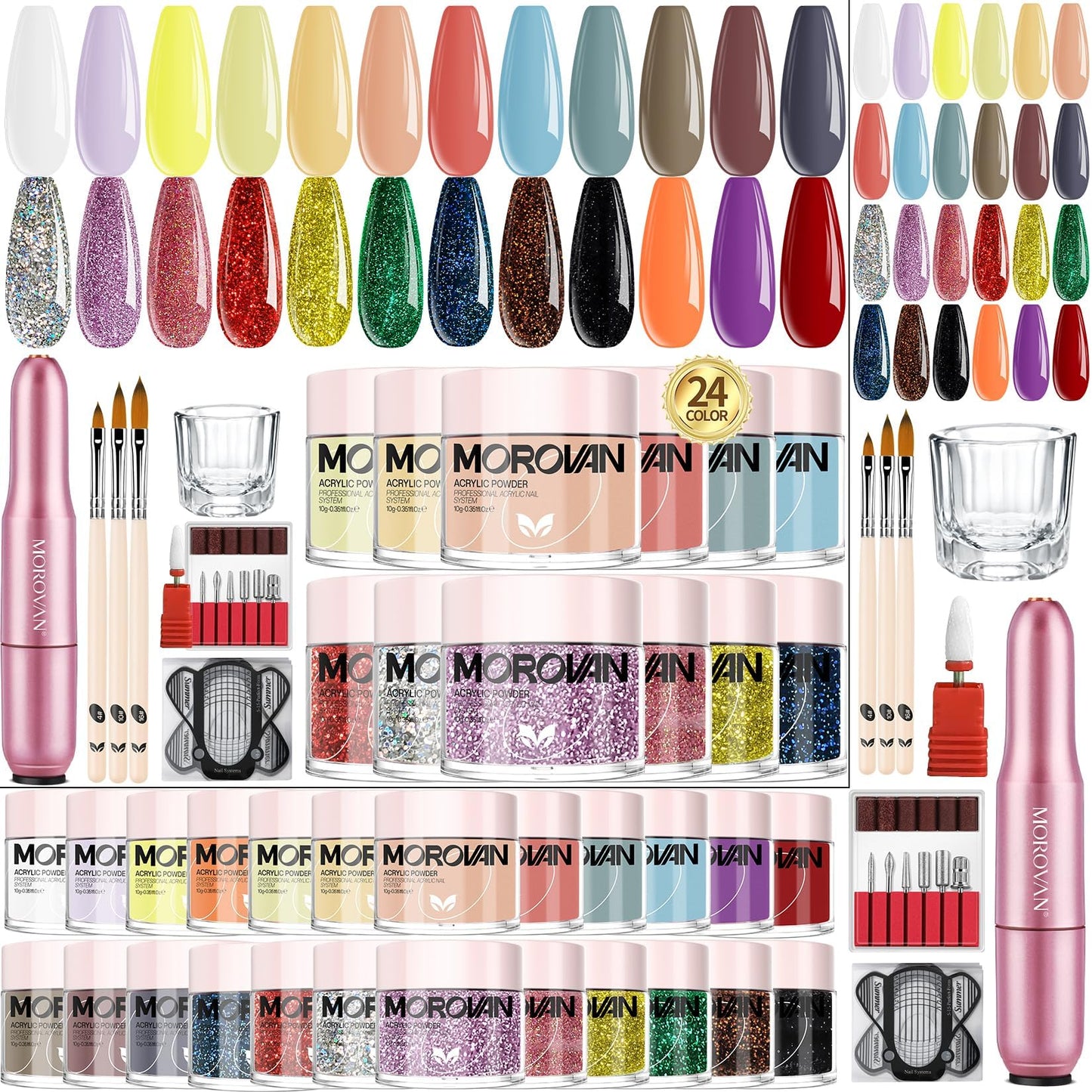Morovan Acrylic Nail Kit with Drill: 24 Colors Acrylic Nail Powder Set Professional Acrylic Nail Supplies Glitter Acrylic Powder in Acrylic Nail Set Acrylic is suitable for nail lovers as well as Beg