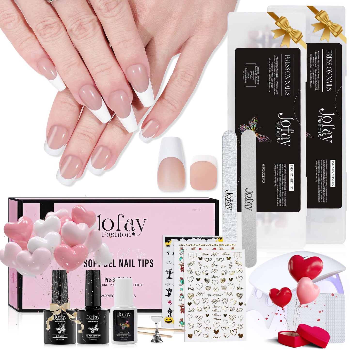 French Gel Nail Tips Kit, Jofay Fashion 480Pcs French Tip Press On Nails Kit,240Pcs Short Square Fake Nails,240Pcs Coffin acrylic nails, xCoat Tips Pre-Base Coat &Pre-Made French Tips, Glue On Nails