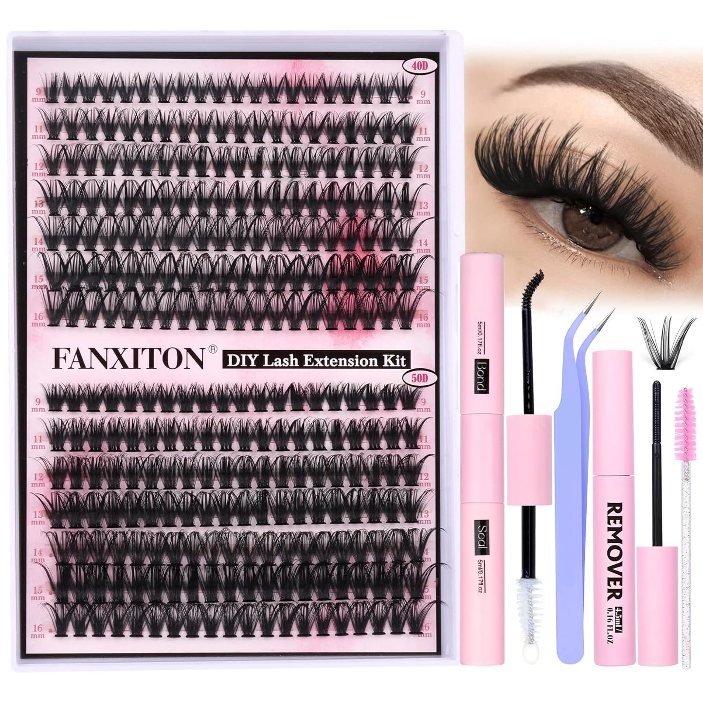 FANXITON DIY Lash Extension Kit Volume Lash Clusters 40D+50D D Curl 280pcs Individual Lashes Thick Eyelash Extension Kit Thin Band Cluster Lashes Lash Remover Lash Bond and Seal and Lash Tweezers