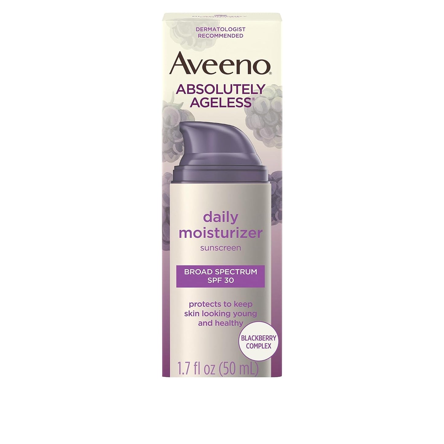 Aveeno Absolutely Ageless Daily Facial Moisturizer with Broad Spectrum SPF 30 Sunscreen, Antioxidant-Rich Blackberry Complex, Vitamins C & E, Hypoallergenic, Non-Comedogenic & Oil-Free, 1.7 fl. Oz