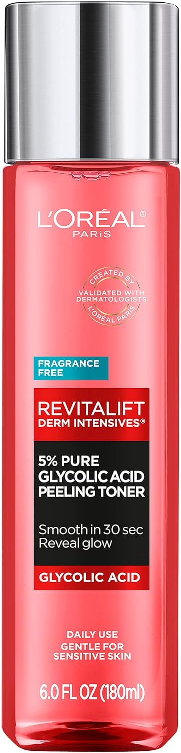 L'Oreal Paris Revitalift 5% Pure Glycolic Acid Peeling Toner with Aloe Vera, Alcohol Free, Fragrance Free 6 fl oz
