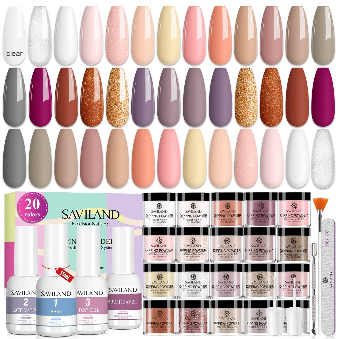 Saviland 29 Pcs Dip Powder Nail Kit - 20 Colors Clear White Nude Dip Powder Set Dipping Powder System Liquid Set with Base & Top Coat Activator Brush Saver for Nail Art Design, French Nail Manicure