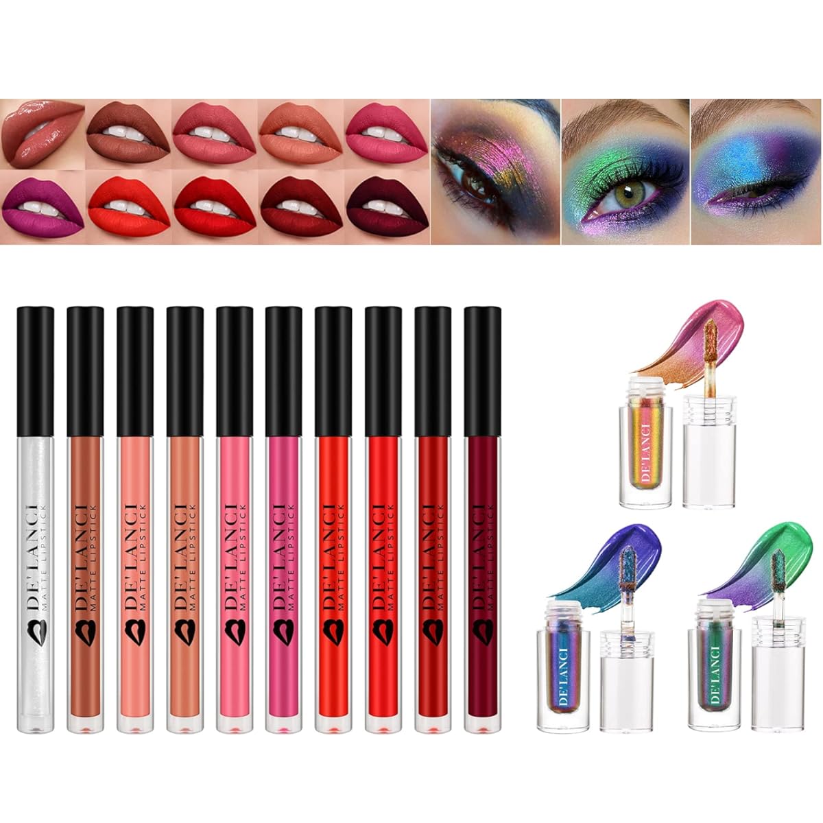 La Catrina DE'LANCI 10 Color Matte Liquid Lipstick Sets + 3 Color Intense Multi-color Shifting Eyeshadow