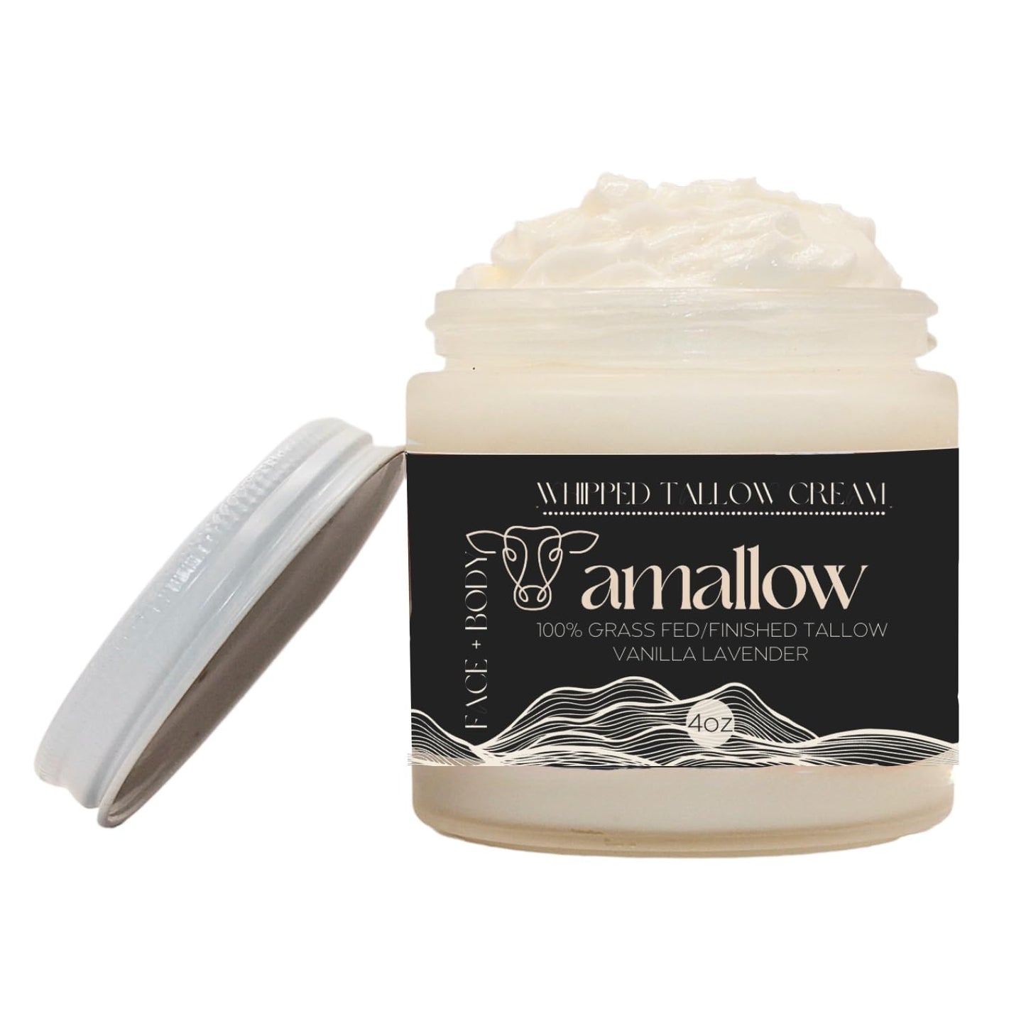 Amallow 100% Grass Fed Beef Tallow for Skin Care - Face + Body - Whipped Moisturizer - 100% Natural Lotion, 4 FL. oz. (Vanilla Lavender)