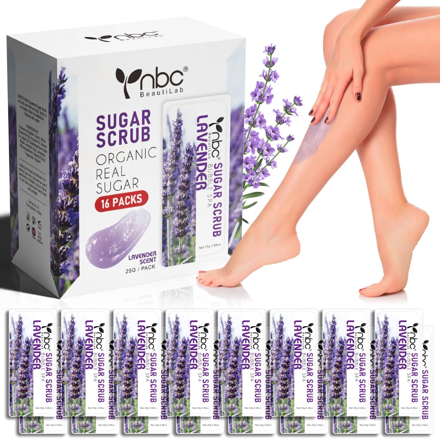 nbc BeautiLab Foot Exfoliating Scrub, Sugar Scrub, Dead Skin Remover for Feet, Individually Packaged Foot Scrub Smooths, Hydrates, Detoxifies Tired and Dry Cracked Feet 16 Packs per Box, Lavender