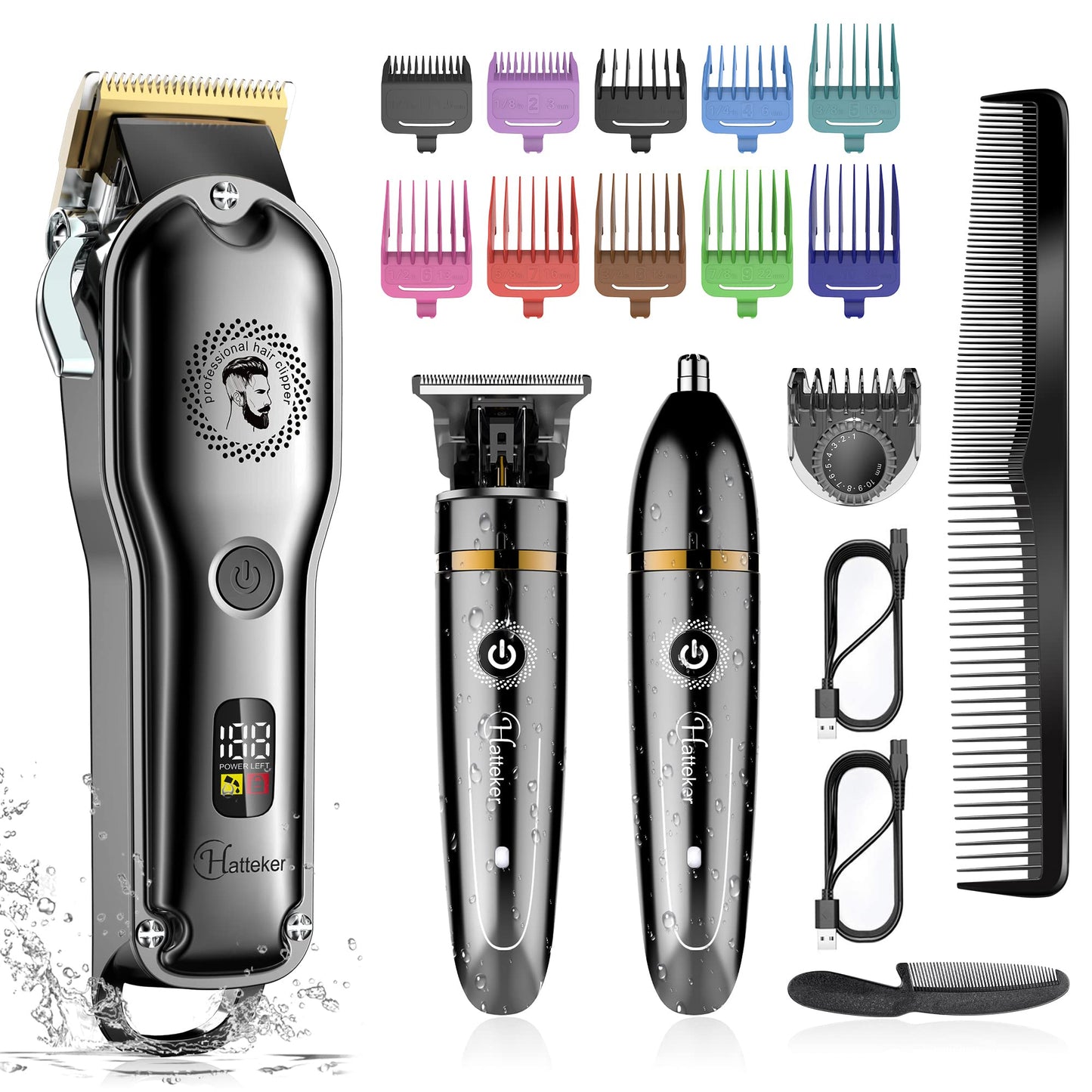Hatteker Hair Clipper Cordless Hair Trimmer Barber Clipper T-Blade Trimmer Beard Trimmer Nose Trimmer Hair Cutting Grooming Kit Professional IPX7 Waterproof