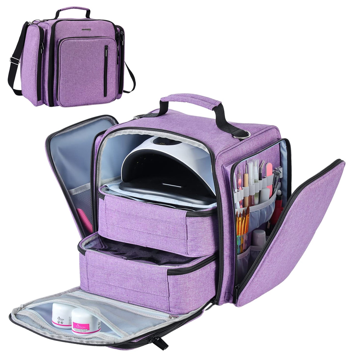 VOFIpremiAm Nail Polish Organizer Fits 1 Nail Lamp and 60 Bottles(2ml-15ml)-Large Nail Polish Holder with 2 Separate Nail Polish Case and Various Nails Supply Pockets (Patented Design-Bag Only)-Purple