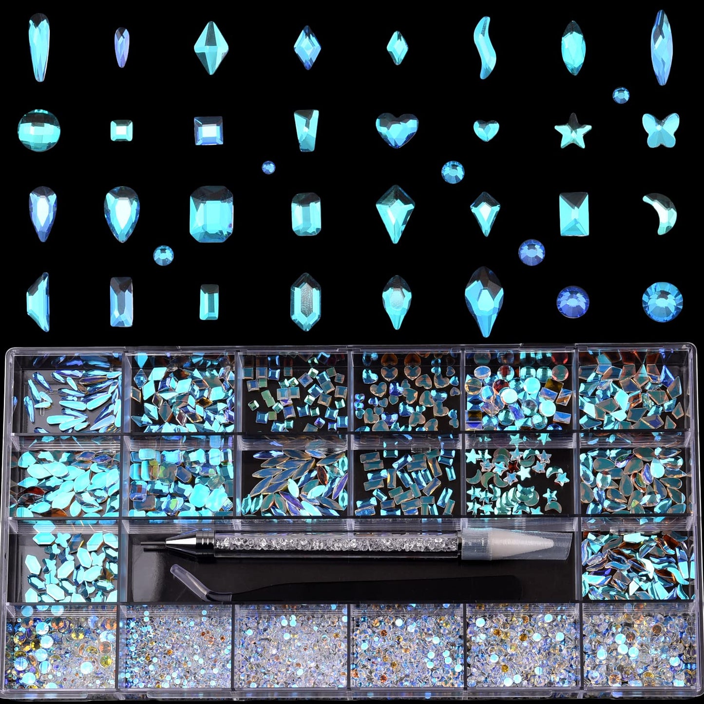 4390pcs 30 Different Multi Shapes Flatback Glass Aurora 3d Nail Gems Rhinestones Round Diamond Mix Size Nail Decoration Kit with Twizer and Wax Pen for Personal Designer Begginer Nail Decoration