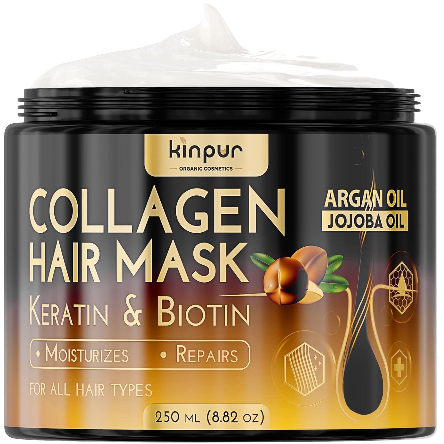 Hair Mask for Dry Damaged Hair with Collagen, Biotin, Argan Oil - Helps Repair Hair and Reduce Damage from Heat, Sun, Coloring - Moisturizing Keratin Hair Mask for Split Ends, Hair Loss and Breakage