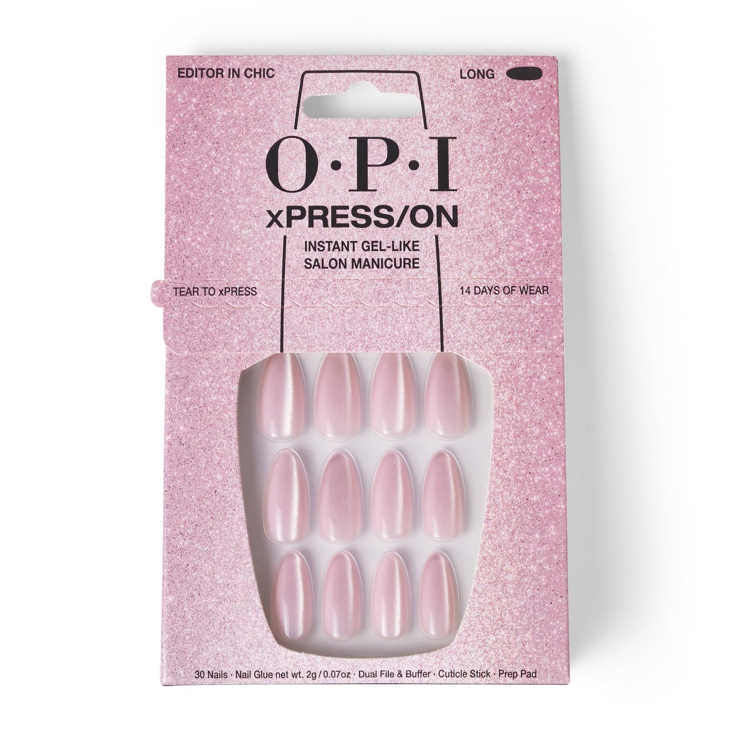 OPI xPRESS/ON Press On Nails, Up to 14 Days of Gel-Like Salon Manicure, Vegan, Sustainable Packaging, With Nail Glue, Long Baby Pink Velvet Almond Shape Nails, Editor in Chic