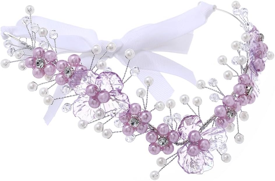 Campsis Fairy Headband Purple Elf Crystal Crown Flower Elven Tiaras V-Shape Bride Hair Accessories Halloween Cosplay Costume Headwear for Women and Girls