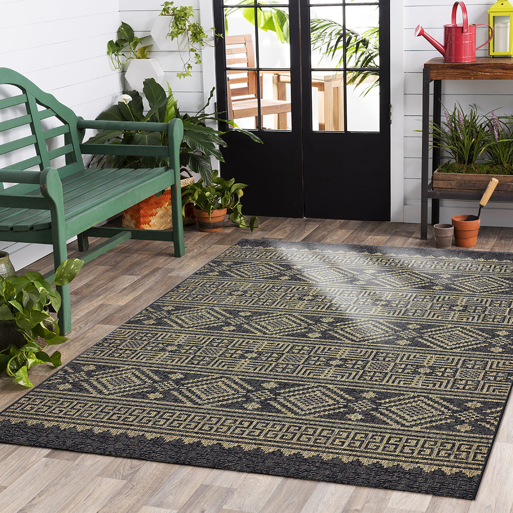 LR Home Silveria Geometric Black/Brown 5' X 8' Indoor/Outdoor Patio Rectangle Area Rug