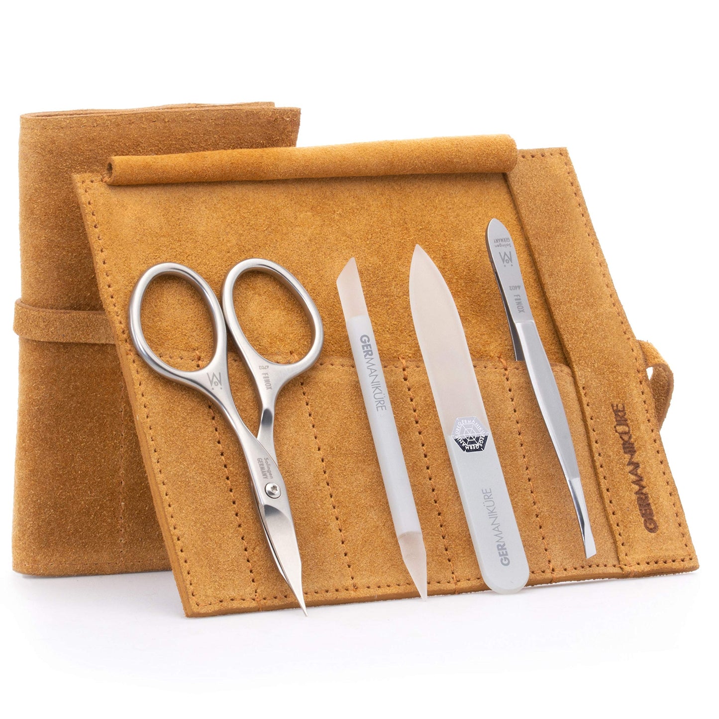 GERMANIKURE 4pc Mini Professional Manicure Set in Mustard Yellow Suede Case - FINOX Stainless Steel Tools Made in Solingen Germany, Glass Nail Care Supplies Made in Czech Republic