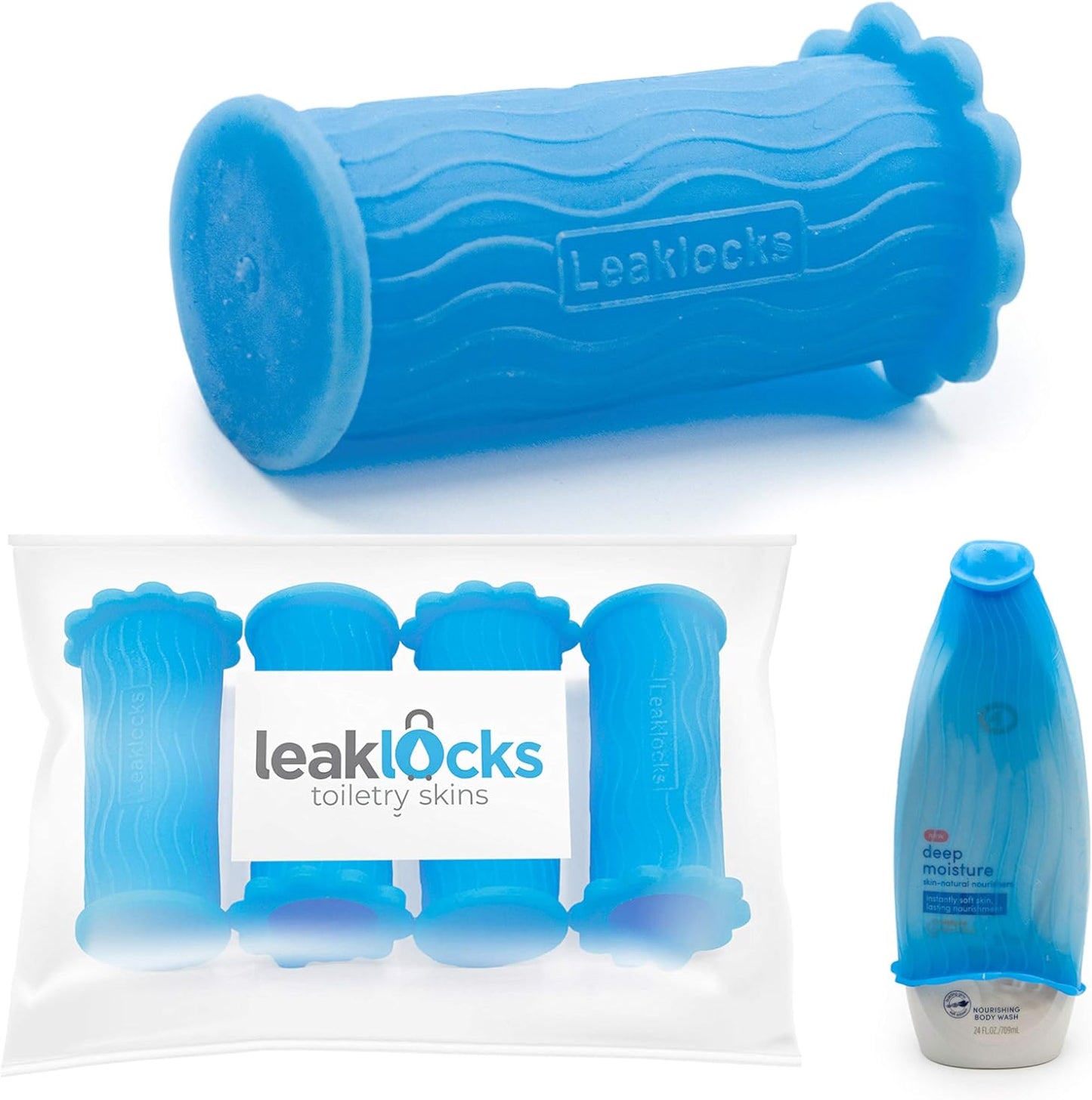 LeakLocks¨ Toiletry Skins 4-Pack, Elastic Sleeves for Leak Proofing Travel Containers in Luggage, Reusable Bottle Cover Sleeves for Plane, Train, Cruise, Bag Suitcase & Carry-on (Nautical Blue)