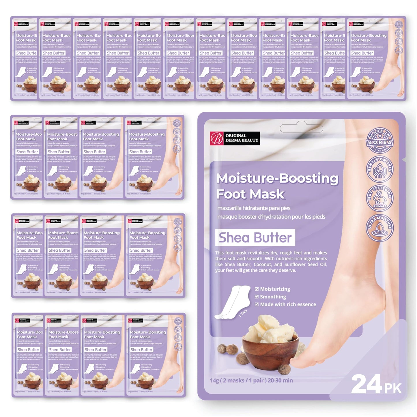 Original Derma Beauty Foot Mask 24 Pairs Moisture-Boosting Shea Butter Moisturizing Foot Mask Set Body Exfoliator Callus Remover Foot Masks Foot Bath Pedicure Supplies for Beauty & Personal Care