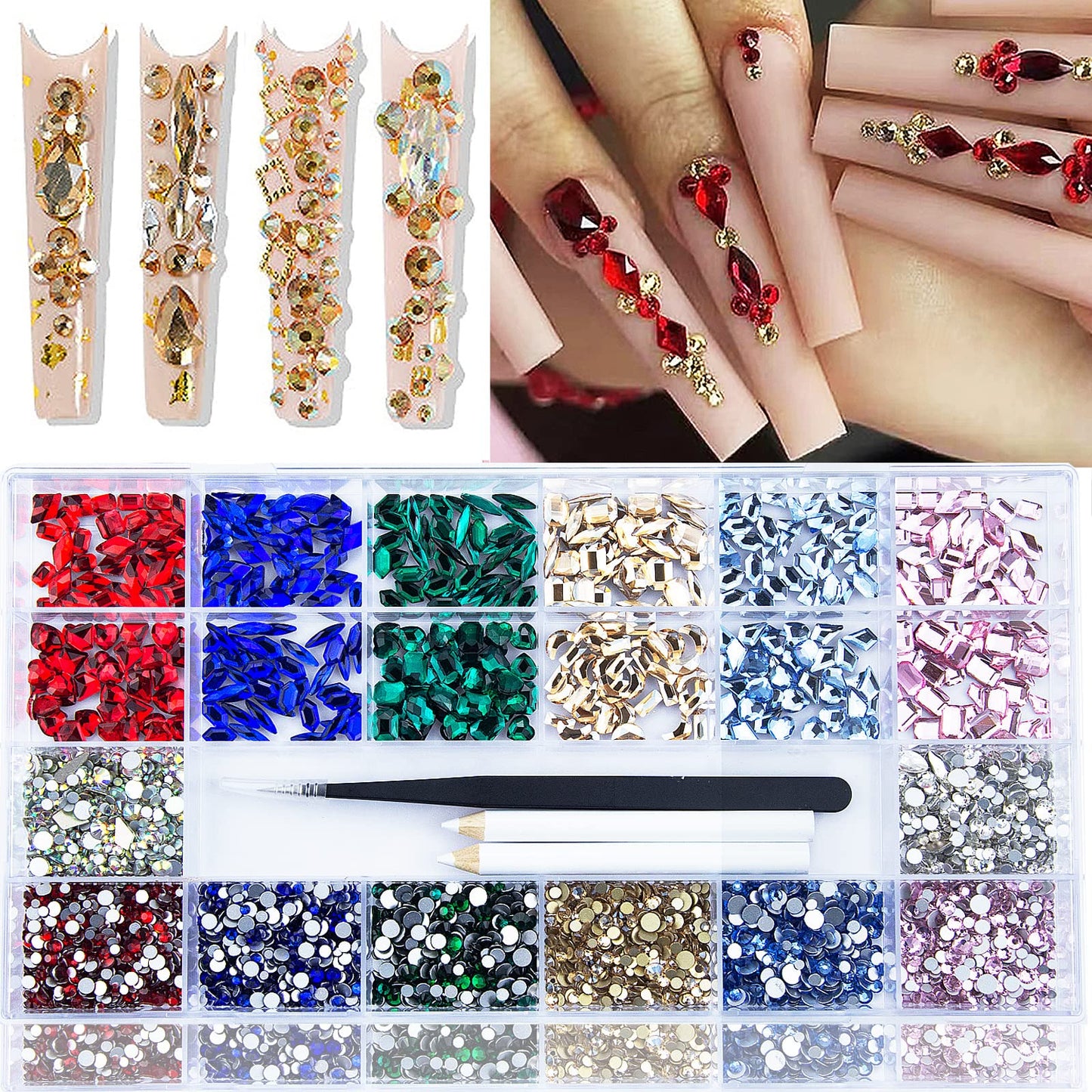 3820Pcs Rhinestones for Nails, Red Emerald Green Royal Light Lake Blue Gold Nail Crystals Multi Shaped Sized Mixed Color Flatback Glass Gems DIY Crafts Jewelry